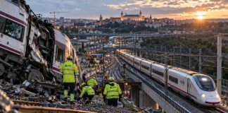 Ferrocarril español: inversión, seguridad y fiabilidad Recreación fotorrealista de un tren accidentado con operarios ferroviarios trabajando entre los restos, mientras un AVE circula por un viaducto cercano, reflejando los desafíos de seguridad y mantenimiento del ferrocarril español.