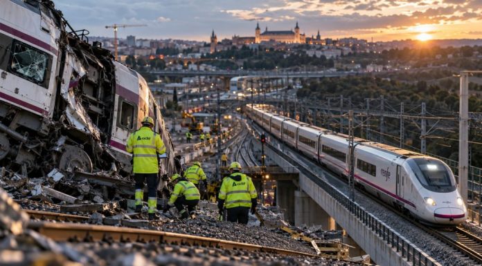 Ferrocarril español: inversión, seguridad y fiabilidad Recreación fotorrealista de un tren accidentado con operarios ferroviarios trabajando entre los restos, mientras un AVE circula por un viaducto cercano, reflejando los desafíos de seguridad y mantenimiento del ferrocarril español.