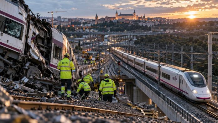 Ferro 1 Recreación fotorrealista de un tren accidentado con operarios ferroviarios trabajando entre los restos, mientras un AVE circula por un viaducto cercano, reflejando los desafíos de seguridad y mantenimiento del ferrocarril español.