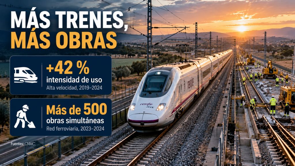Tren de alta velocidad junto a obras ferroviarias, con datos que muestran un aumento del 42 % en la intensidad de uso de la red y más de 500 actuaciones simultáneas entre 2023 y 2024.
