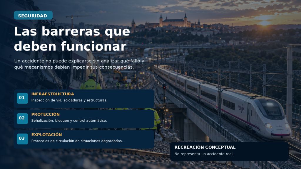 Recreación conceptual de un accidente ferroviario y un tren AVE en circulación, acompañados de las tres barreras esenciales de seguridad: inspección de infraestructuras, sistemas de protección automática y procedimientos de explotación.