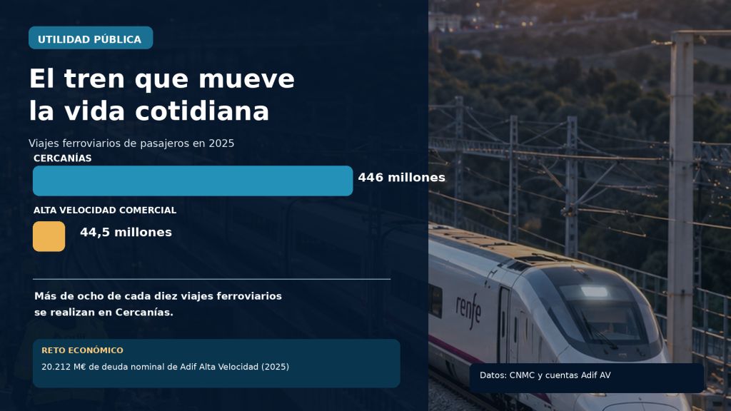 Infografía sobre la utilidad social y la viabilidad económica del ferrocarril español, que compara 446 millones de viajes en Cercanías con 44,5 millones en alta velocidad durante 2025 y destaca la deuda de Adif Alta Velocidad.