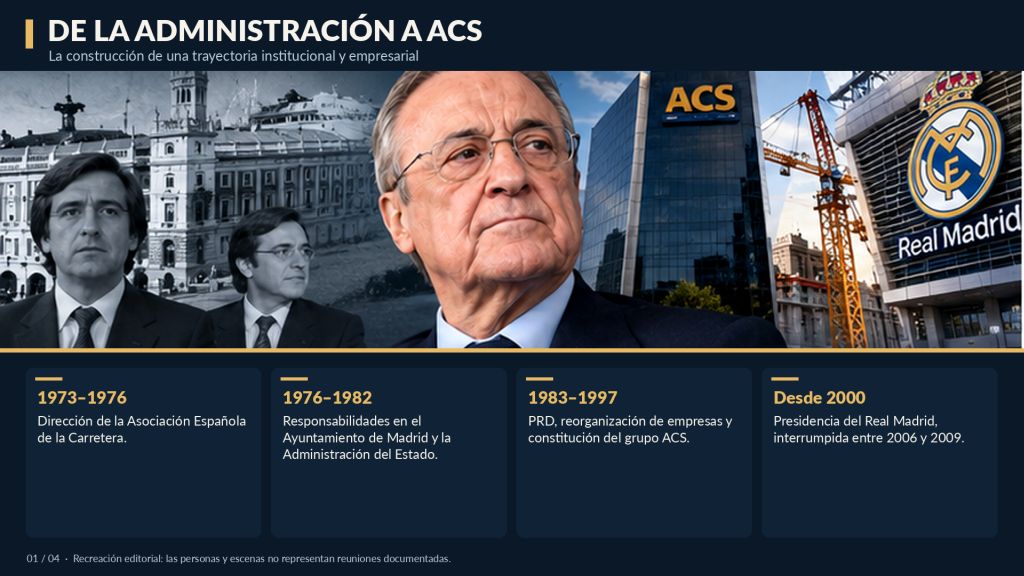 Recreación visual de la trayectoria de Florentino Pérez, desde sus responsabilidades en la Administración y la política hasta la construcción de ACS y la presidencia del Real Madrid.