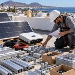 Tecnología de autoconsumo: qué importa en 2026 Técnico revisando paneles, inversor, cableado, estructura y protecciones antes de comenzar una instalación fotovoltaica en una azotea canaria.