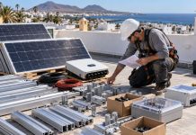 Tecnología de autoconsumo: qué importa en 2026 Técnico revisando paneles, inversor, cableado, estructura y protecciones antes de comenzar una instalación fotovoltaica en una azotea canaria.