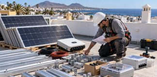Tecnología de autoconsumo: qué importa en 2026 Técnico revisando paneles, inversor, cableado, estructura y protecciones antes de comenzar una instalación fotovoltaica en una azotea canaria.