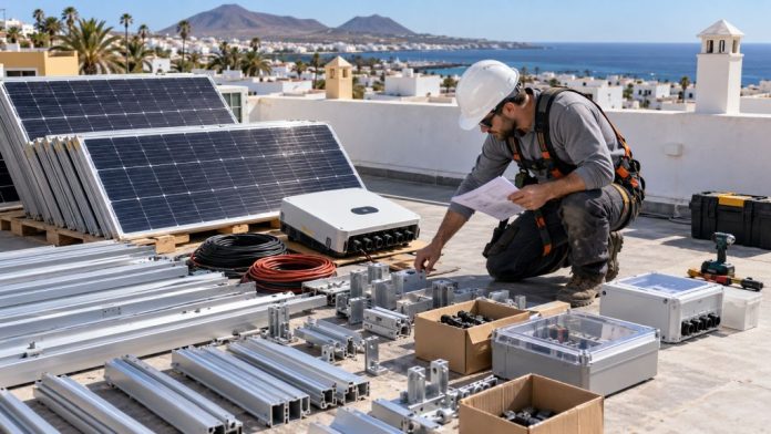 Técnico revisando paneles, inversor, cableado, estructura y protecciones antes de comenzar una instalación fotovoltaica en una azotea canaria.