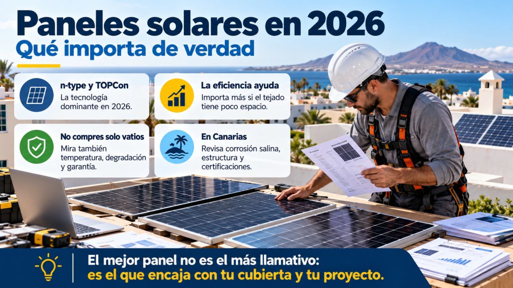 Técnico comparando módulos solares en una azotea de Canarias con criterios sobre tecnología TOPCon, eficiencia, degradación y resistencia a la corrosión salina.