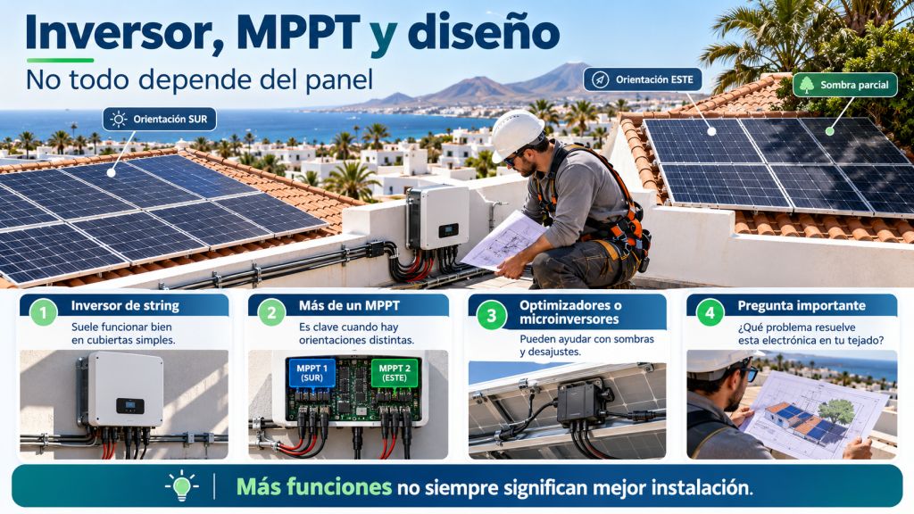 Esquema de una instalación fotovoltaica con distintas orientaciones y sombras, explicando el papel del inversor, los MPPT, optimizadores y microinversores.