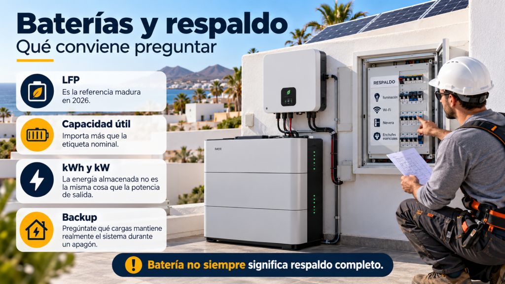 Técnico revisando una batería de autoconsumo y el cuadro de respaldo para comprobar capacidad útil, potencia disponible y cargas mantenidas durante un apagón.