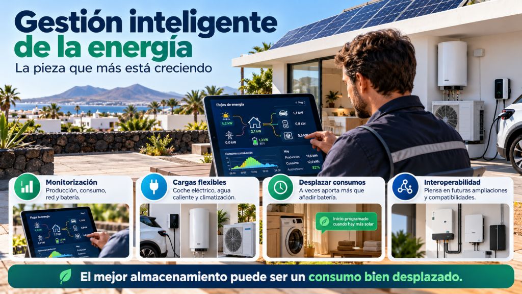 Sistema de gestión energética que coordina placas solares, batería, vehículo eléctrico, agua caliente y climatización mediante monitorización y desplazamiento de consumos.
