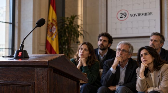 Pensiones y transparencia: Feijóo, Vox e Inda Cinco ciudadanos observan un atril vacío con el micrófono silenciado y un calendario que destaca el 29 de noviembre, como símbolo del silencio electoral.