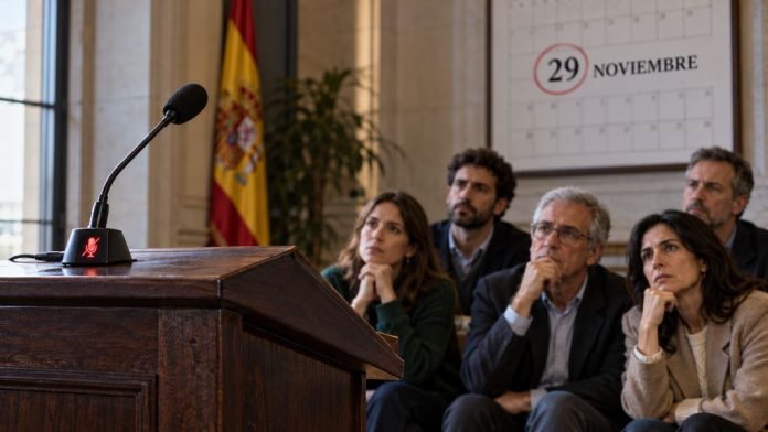 Inda 1 Cinco ciudadanos observan un atril vacío con el micrófono silenciado y un calendario que destaca el 29 de noviembre, como símbolo del silencio electoral.
