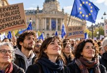 Estado del bienestar y democracia: los derechos en Europa Ciudadanos europeos de distintas generaciones participan en una manifestación pacífica con banderas de la Unión Europea y pancartas en defensa de los servicios públicos, los derechos sociales y la democracia.