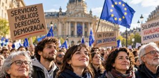 Estado del bienestar y democracia: los derechos en Europa Ciudadanos europeos de distintas generaciones participan en una manifestación pacífica con banderas de la Unión Europea y pancartas en defensa de los servicios públicos, los derechos sociales y la democracia.