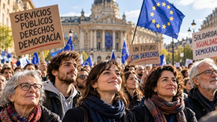 Ciudadanos europeos de distintas generaciones participan en una manifestación pacífica con banderas de la Unión Europea y pancartas en defensa de los servicios públicos, los derechos sociales y la democracia.