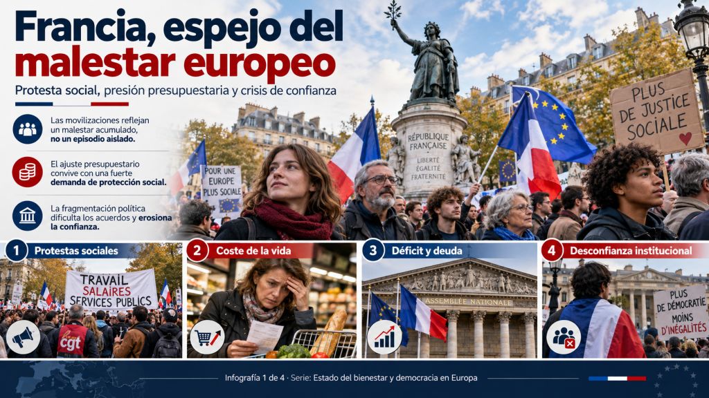 Infografía sobre el malestar social en Francia que muestra manifestaciones ciudadanas y los principales factores de la crisis: coste de la vida, déficit público, deuda y desconfianza institucional.