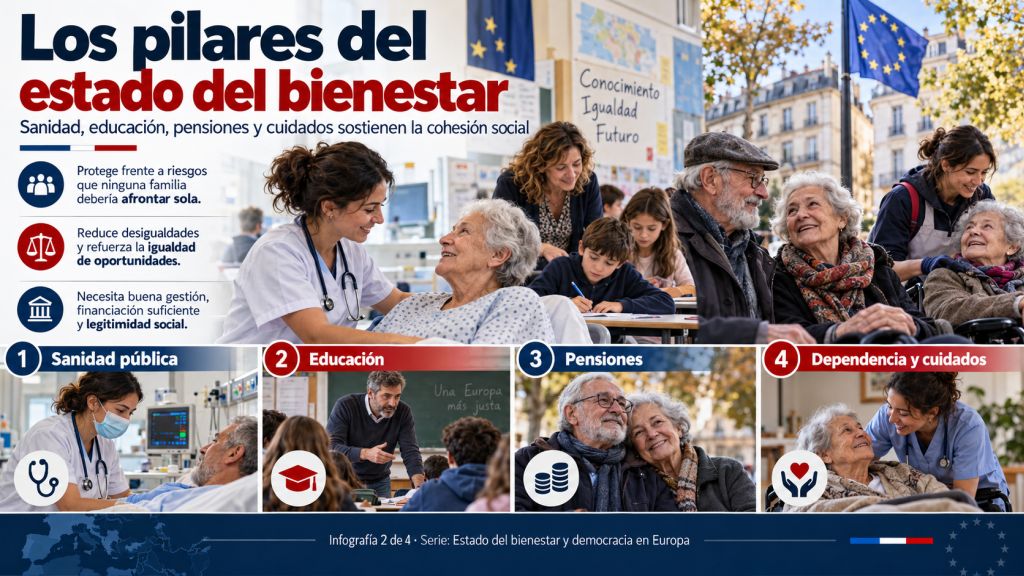 Infografía con imágenes de atención sanitaria, educación pública, pensionistas y cuidados a personas mayores, que representa los cuatro pilares fundamentales del Estado del bienestar europeo.