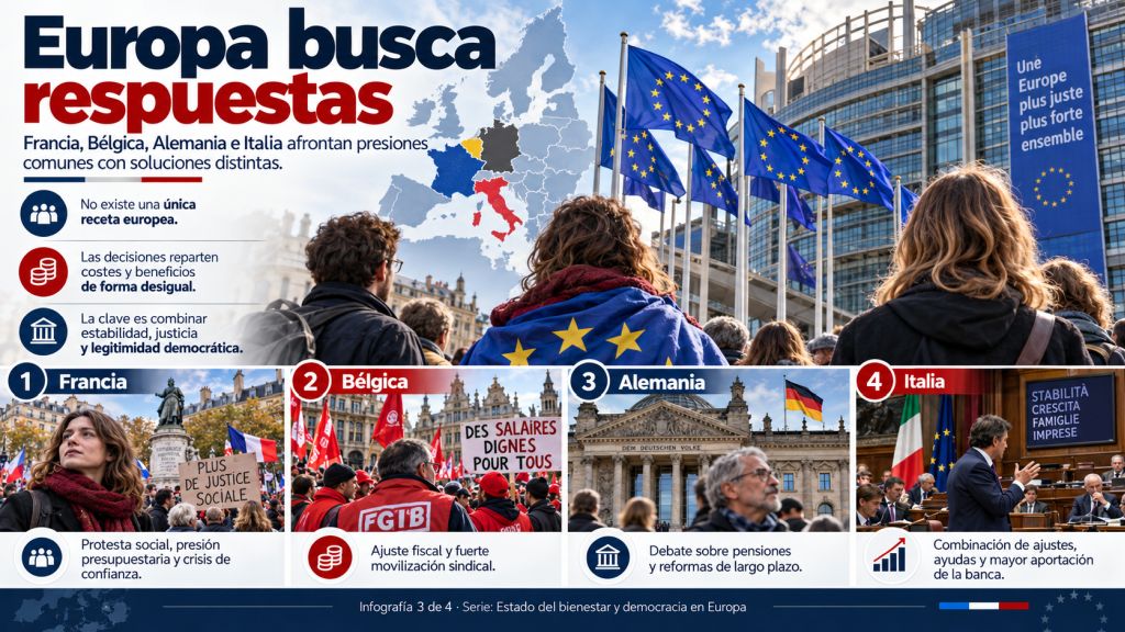 Infografía comparativa de Francia, Bélgica, Alemania e Italia que ilustra las diferentes respuestas europeas a las tensiones sociales, las reformas económicas y la financiación del Estado del bienestar.