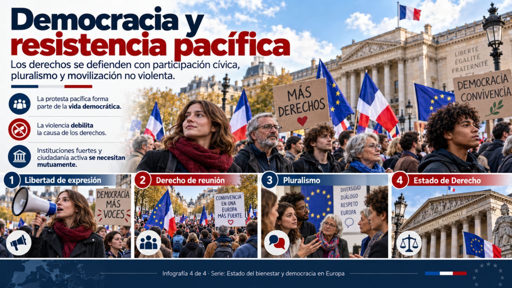 Infografía sobre la defensa pacífica de la democracia en Europa, con ciudadanos manifestándose y escenas que representan la libertad de expresión, el derecho de reunión, el pluralismo y el Estado de Derecho.