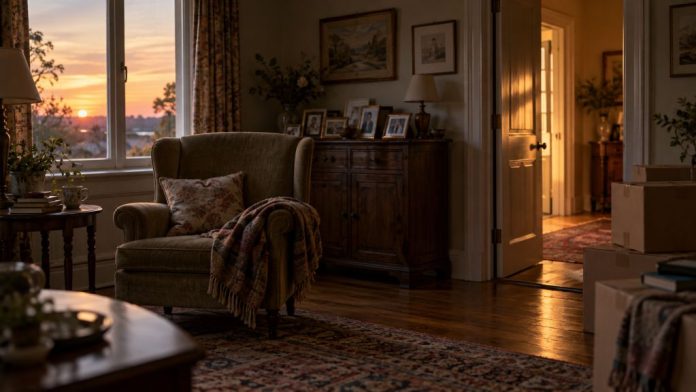 Sillón vacío junto a fotografías familiares en una vivienda al atardecer, símbolo del hogar al que Maricarmen ya no pudo regresar.