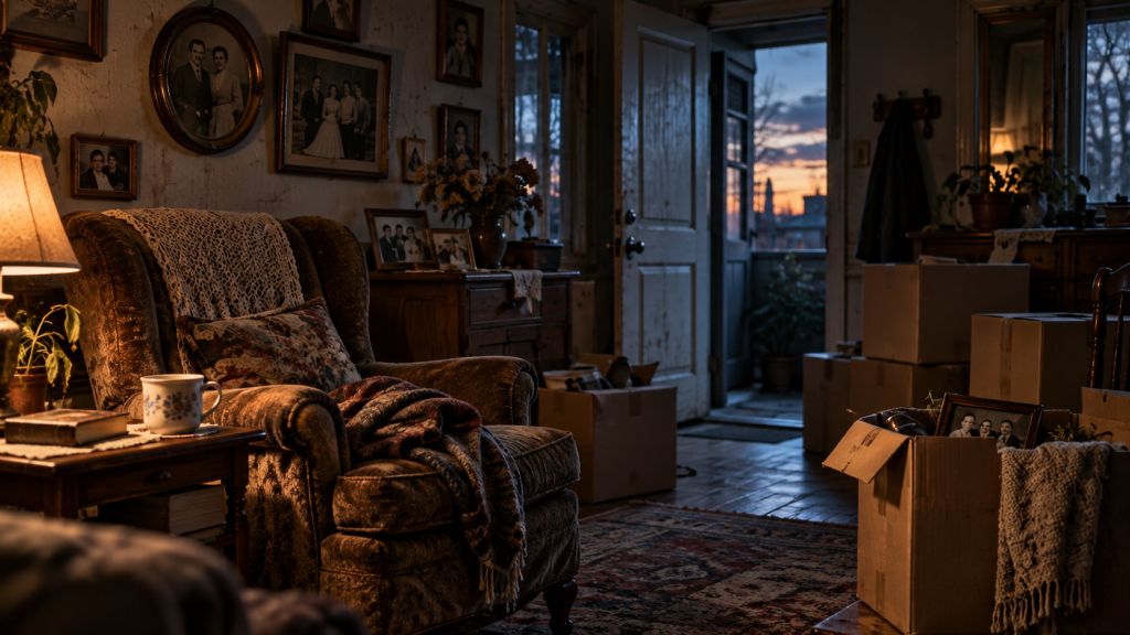El hogar interrumpido: Salón antiguo con sillón vacío, recuerdos familiares y cajas de mudanza, evocando la pérdida del hogar tras un desahucio.