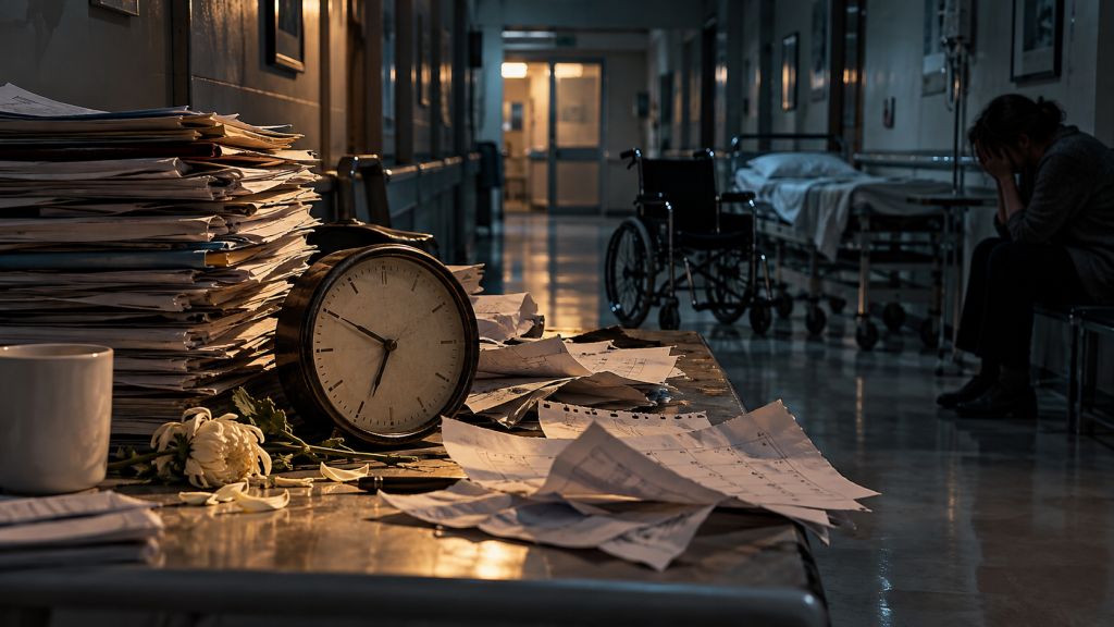 El tiempo que llega tarde: Pasillo de hospital con silla de ruedas vacía, documentos, reloj y calendarios, símbolo de una solución institucional que llega demasiado tarde.