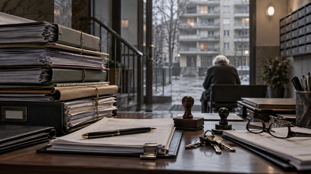La maquinaria del sistema: Expedientes, sellos y llaves sobre una mesa administrativa mientras una persona mayor espera abatida al fondo frente a un bloque de viviendas.