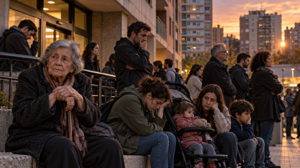 - Una herida colectiva: Personas de distintas edades esperan con preocupación y cansancio ante un edificio de viviendas, reflejando el impacto social de la inseguridad residencial.