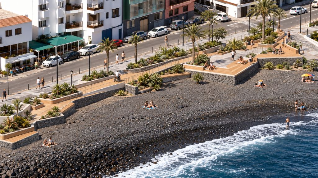 Recreación arquitectónica del acceso a la playa de Olegario, con pasarela, plataformas de madera y zonas ajardinadas junto al arenal volcánico.