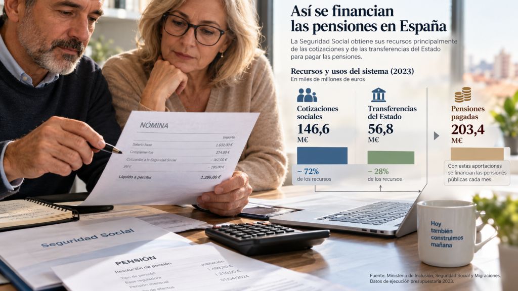 Una pareja examina una nómina junto a gráficos que representan las cotizaciones sociales, las transferencias del Estado y la financiación de las pensiones en España.