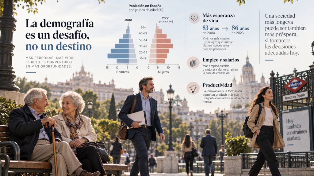 Personas mayores, trabajadores y jóvenes comparten un espacio urbano junto a gráficos sobre envejecimiento, esperanza de vida, empleo y productividad en España.
