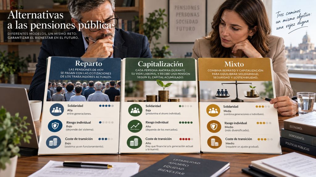 Dos personas comparan tres paneles sobre los sistemas de pensiones de reparto, capitalización y mixto, con sus diferencias en solidaridad, riesgo individual y coste de transición.