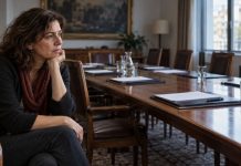 Rufián y la desilusión de izquierdas: la unidad pendiente Una mujer observa con gesto cansado una mesa de negociación rodeada de sillas vacías.