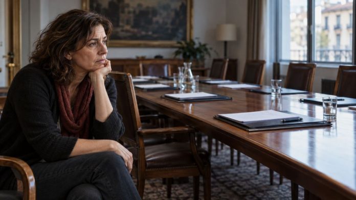 Una mujer observa con gesto cansado una mesa de negociación rodeada de sillas vacías.