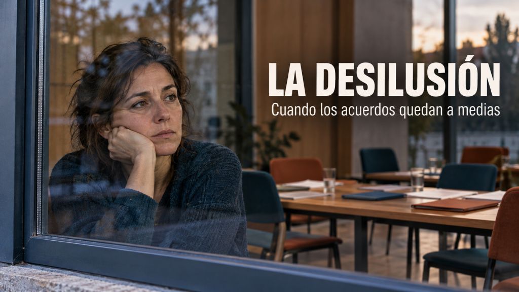 La desilusión: Una mujer mira pensativa a través de una ventana; detrás de ella, una mesa con sillas vacías evoca los acuerdos que quedaron a medias.