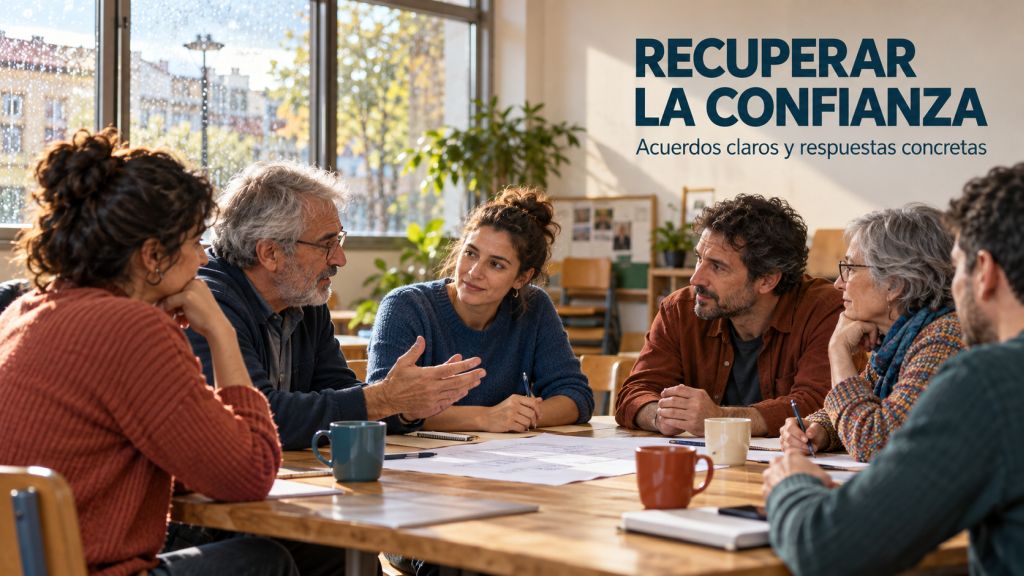 Recuperar la confianza: Un grupo de personas conversa alrededor de una mesa de trabajo, como imagen de la cooperación y la búsqueda de respuestas concretas.
