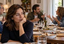 Cansancio político: por qué evitamos debatir Persona permanece en silencio durante una comida mientras el resto mantiene una discusión intensa, reflejando el cansancio ante el debate político polarizado.