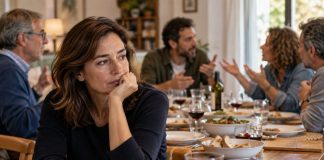 Cansancio político: por qué evitamos debatir Persona permanece en silencio durante una comida mientras el resto mantiene una discusión intensa, reflejando el cansancio ante el debate político polarizado.
