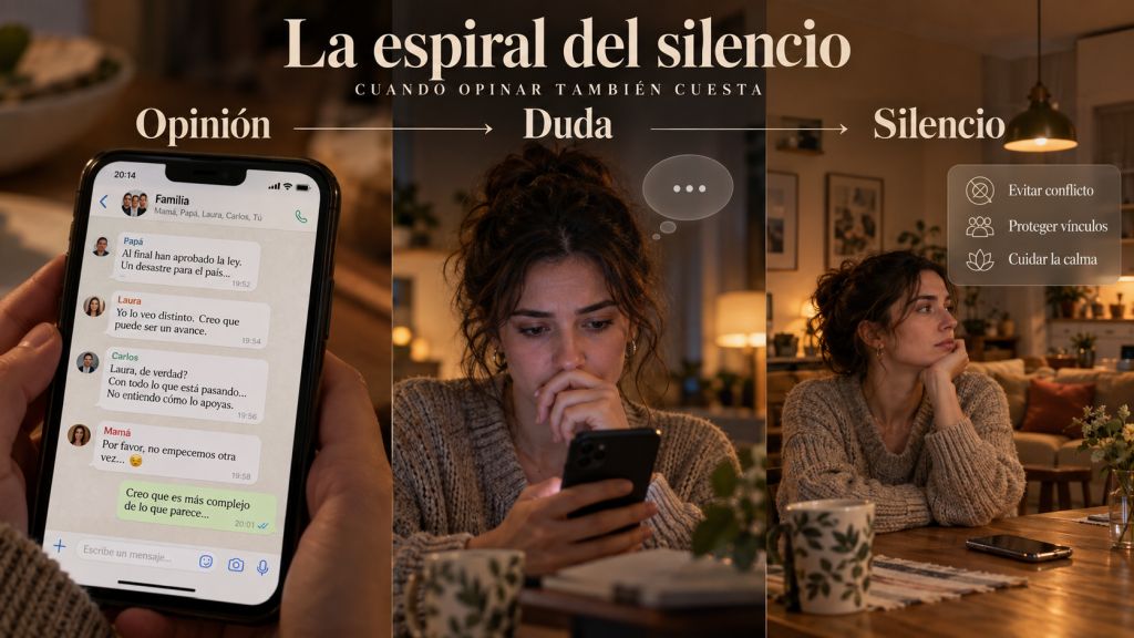 La espiral del silencio: Mujer duda antes de intervenir en una conversación política por WhatsApp y termina guardando silencio para evitar conflicto y proteger sus relaciones personales.