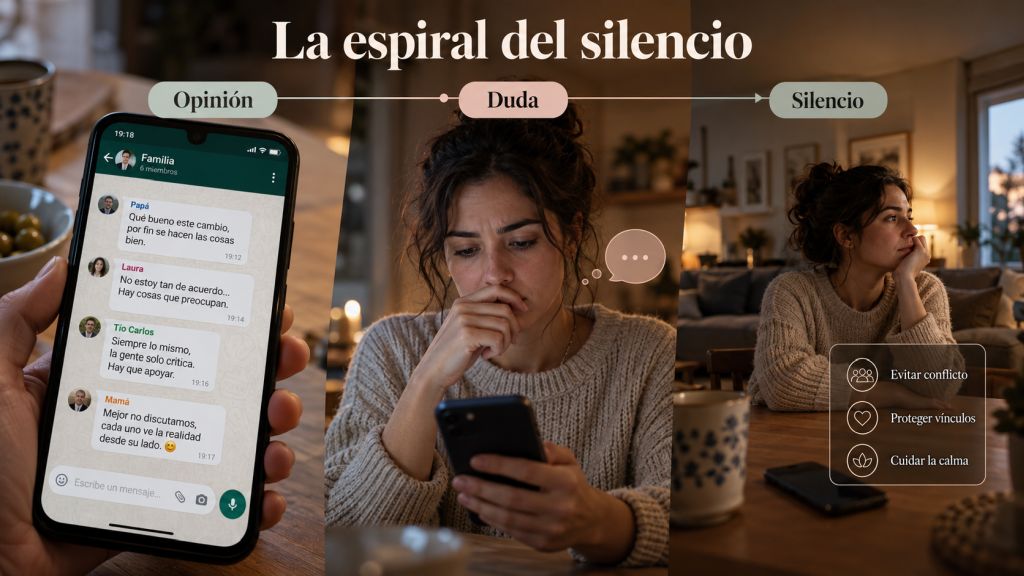 Del debate al cansancio: Persona observa con preocupación una conversación política en el móvil y decide no responder, como representación del agotamiento y la autocensura.