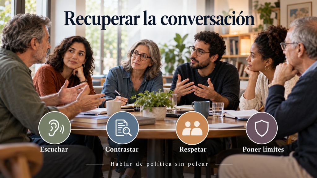 Recuperar la conversación: Grupo de adultos conversa de política con actitud serena y respetuosa, escuchándose y contrastando argumentos sin convertir el debate en una pelea.