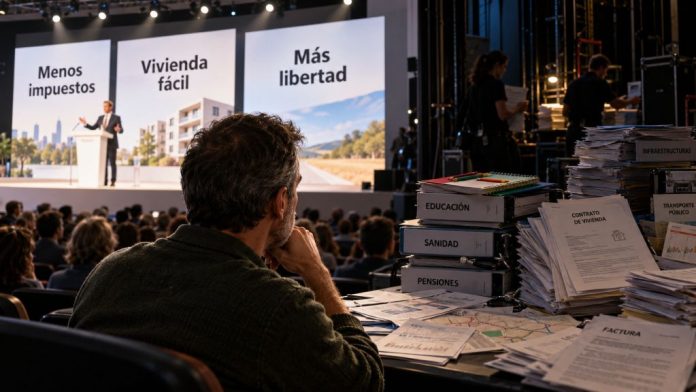 Un ciudadano observa un mitin con promesas políticas sencillas mientras, entre bastidores, se acumulan documentos que representan los costes y la complejidad de las decisiones públicas.