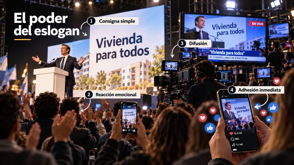 Un político presenta una promesa de vivienda ante un público que aplaude, mientras las cámaras de televisión y las redes sociales amplifican el mensaje y generan adhesión emocional.