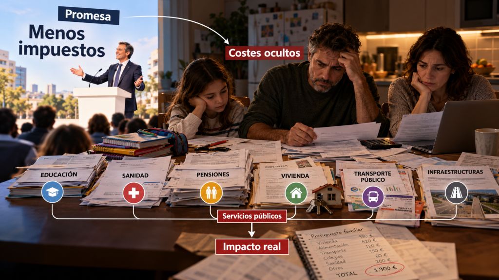 Una familia preocupada revisa sus facturas frente a una promesa de reducir impuestos, con referencias a educación, sanidad, pensiones, vivienda, transporte e infraestructuras.