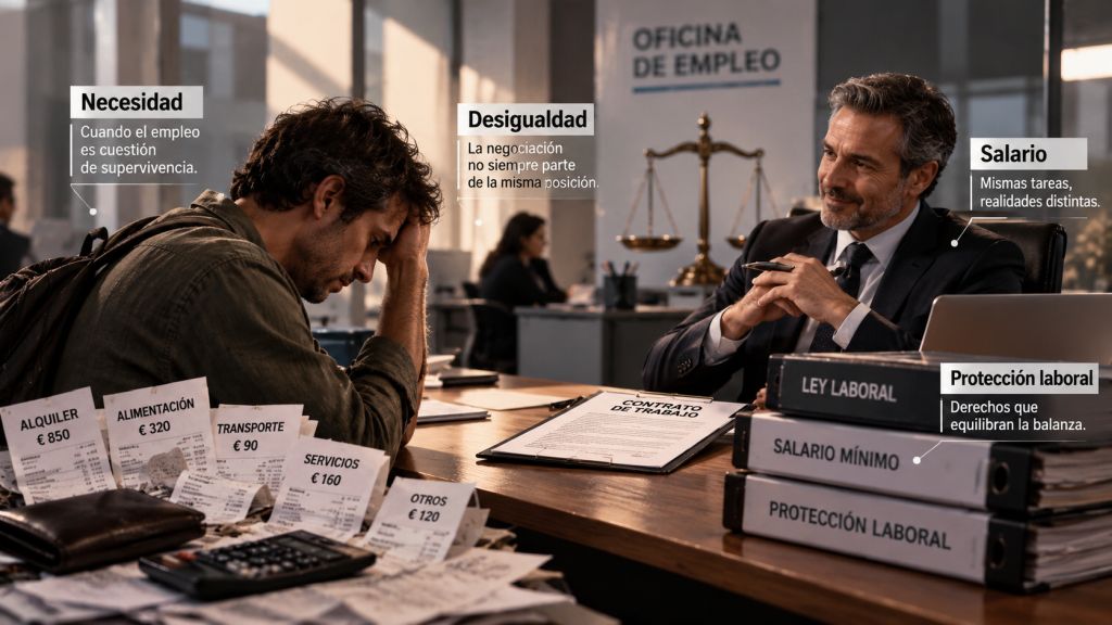 Un trabajador preocupado negocia frente a un empresario mientras sus gastos familiares, un contrato laboral y documentos sobre el salario mínimo representan la desigualdad entre ambas partes.