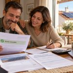 Subvenciones al autoconsumo: cuándo ayudan de verdad Pareja revisando la concesión de una ayuda para una instalación fotovoltaica, con documentación, ordenador y placas solares visibles al fondo.