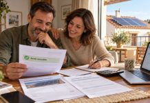 Subvenciones al autoconsumo: cuándo ayudan de verdad Pareja revisando la concesión de una ayuda para una instalación fotovoltaica, con documentación, ordenador y placas solares visibles al fondo.