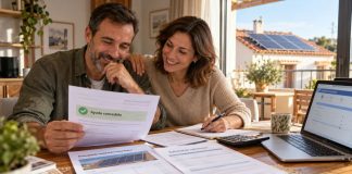 Subvenciones al autoconsumo: cuándo ayudan de verdad Pareja revisando la concesión de una ayuda para una instalación fotovoltaica, con documentación, ordenador y placas solares visibles al fondo.