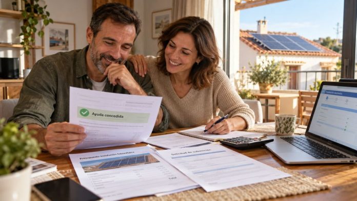 Pareja revisando la concesión de una ayuda para una instalación fotovoltaica, con documentación, ordenador y placas solares visibles al fondo.